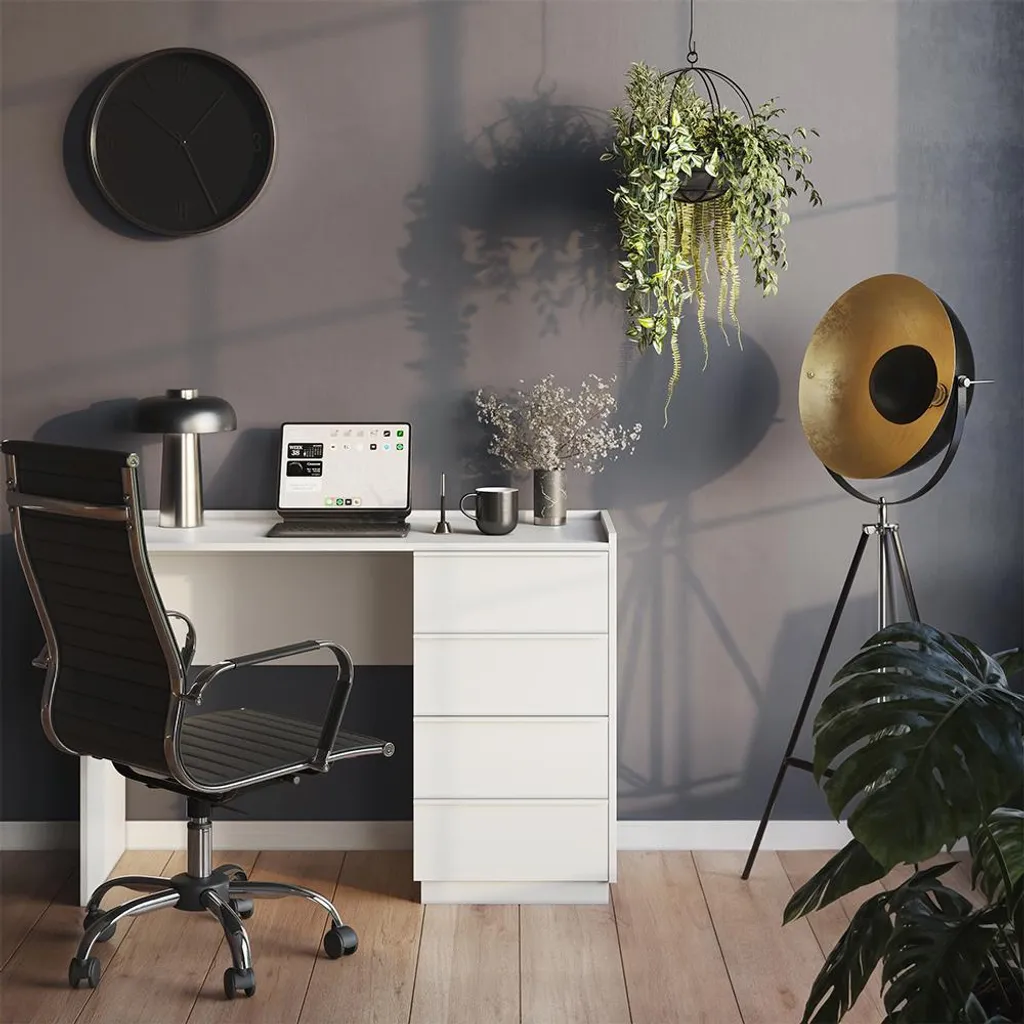 Bureau Blanc de Travail Viktoria avec 4 Tiroirs de Rangement 110x45