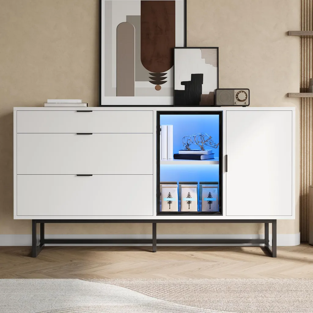 Buffet Merax blanc avec éclairage LED et 3 tiroirs design moderne - 2