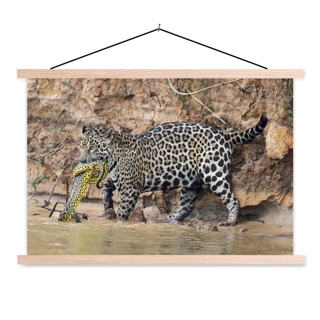 MuchoWow Textilposter Jaguar - Schlange - Wasser 120x80 cm mit holzfarbenen Rahmen - Aufhängeset