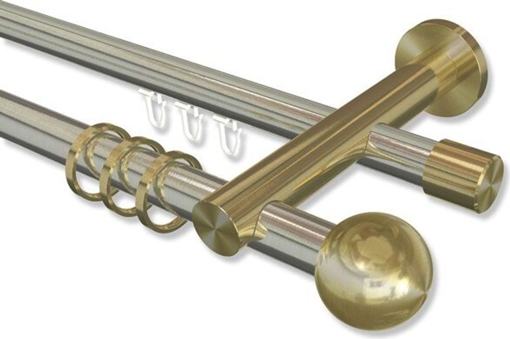 Interdeco Rundrohr-Innenlaufstange, Gardinenstange (Kombination) Edelstahl-Optik / Messing-Optik Modell Platon Luino, 20 mm Ø 2-läufig, 120 cm