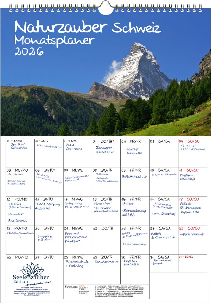 Naturzauber Schweiz Planer DIN A3 Kalender für 2026 Landschaft Natur Wandern Berge Urlaub Wandern- Seelenzauber