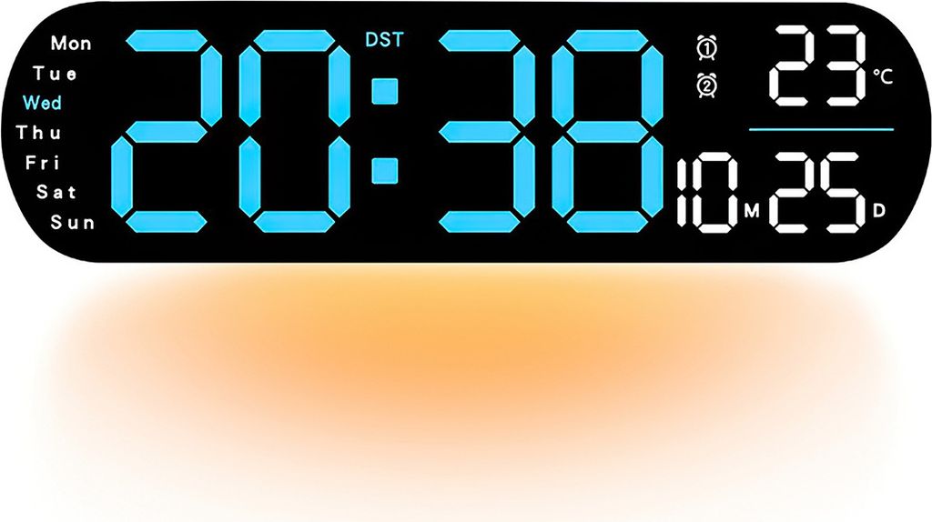 13,8" digitale Wanduhr mit Fernbedienung, 9 RGB-Farbmodi, Doppelalarm, 1-Tasten-DST, mit Zeit, Datum, Wochentag, Temperatur Blau
