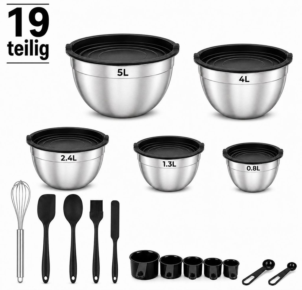 Salatschüssel Set 5 Stück Edelstahl Schüssel mit Deckel 19 Produktbild 