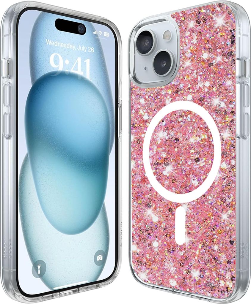 Techsuit Sparkly Glitter Back Cover Hülle mit MagSafe für Apple iPhone 15 Plus - Magenta