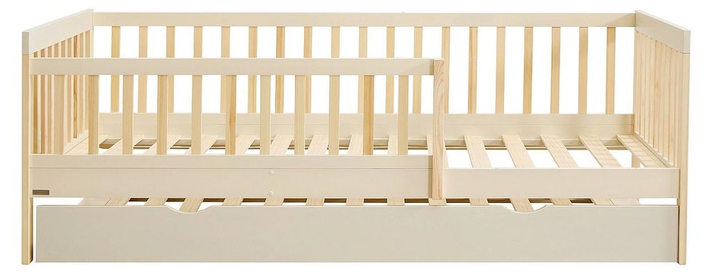 Bett 90 x 190 cm mit ausziehbarer Schublade und Schlaffunktion – Kiefer und MDF – Beige und Natur – PROVIATI