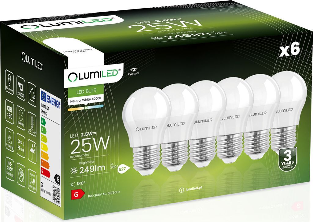 6x Żarówka LED E27 Kulka P45 2,5W = 25W 249lm 4000K Zdjęcie produktu 