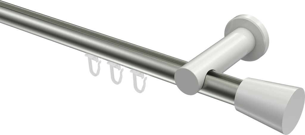 Interdeco Innenlaufstange / Gardinenstange mit Innenlauf Edelstahl-Optik / Weiß, Typ Platon Sitra (Konus), 20 mm Ø 1-läufig, 240 cm