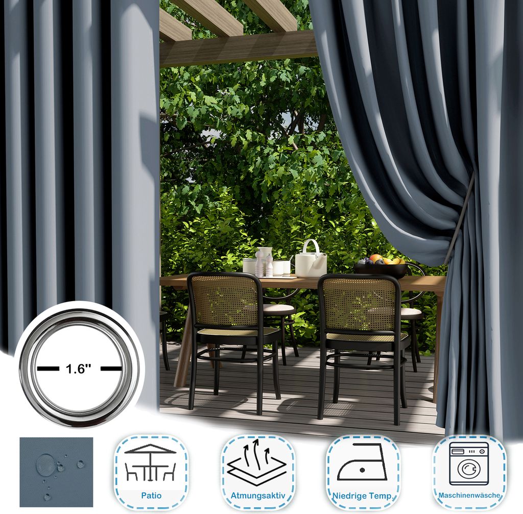2er-Pack Wasserdichter Vorhang,132x213cm Indoor Outdoor Gardinen,Oxford-Stoff ÖsenGardinen,Scheibengardinen für Wohnzimmer,Terrassenvorhang,Graublau
