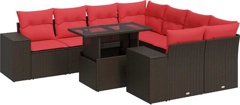 9-tlg. Garten-Sofagarnitur mit Kissen Braun Poly Rattan Akazie