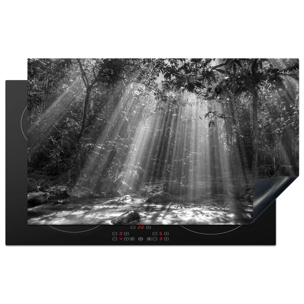 KitchenYeah Herdabdeckplatte Sonnenstrahlen durch Laub - schwarz und weiß , 85x52cm, Küche Deko, Glaskeramikkochfeld Herdabdeckung, Abdeckplatt...