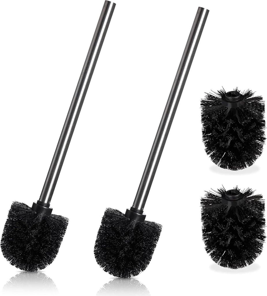 Toilettenbürsten - 4 Stück - Schwarz - Inklusive 2 Bürsten mit Edelstahlgriff - Elegante Toilettenbürste - Abnehmbare Bürstenköpfe