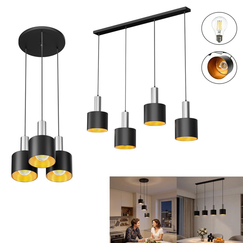 UISEBRT Pendelleuchte 4-flammig 24W, Metall in Matt-Schwarz Silber, 150cm höhenverstellbar, inkl. E27 Leuchtmittel, Warmweiß 2800–3200K Innenbe...