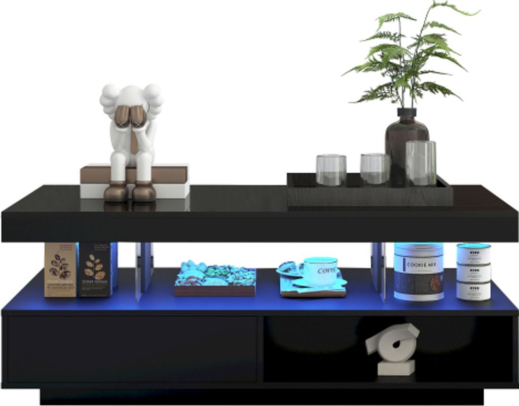Tisch 95x50x42.5 cm Schwarz Kommode Wohnzimmer Unterschrank Schwarzer Hochglanz-Couchtisch 4 Glasplatten 2 Schubladen 2 offenen Faechern