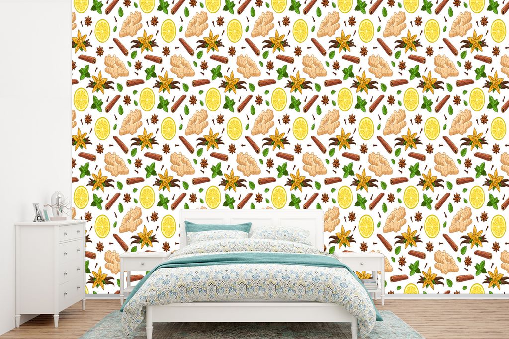 MuchoWow Fototapete für Wohnzimmer oder Schlafzimmer Wandtapete Vinyl Motivtapete Ingwer - Zimt - Zitrone - Anis - 330x220 cm - Fototapeten