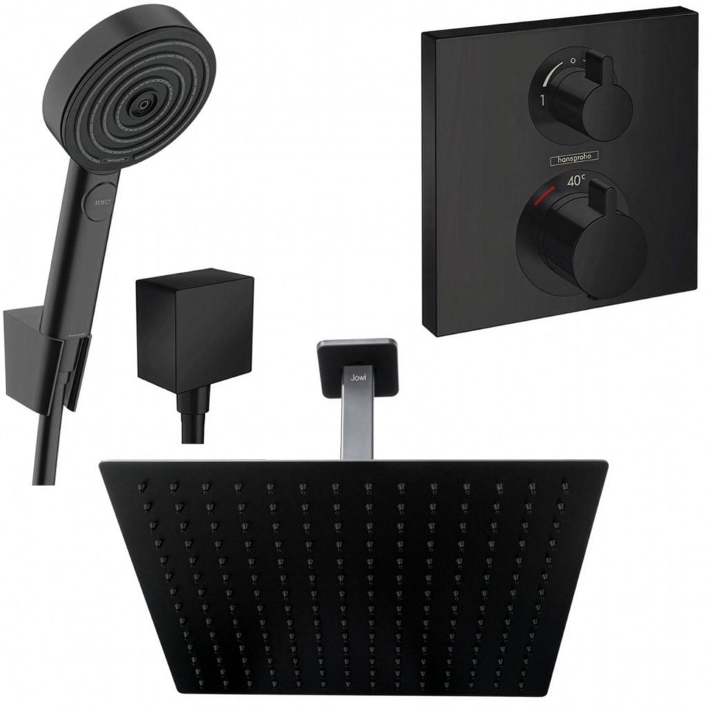 Hansgrohe und Jowi Unterputz Duschsystem Ecostat Square Thermostat, Schwarz, Duscharmatur mit Kopfbrause, Deckenanschluss, OHNE iBox