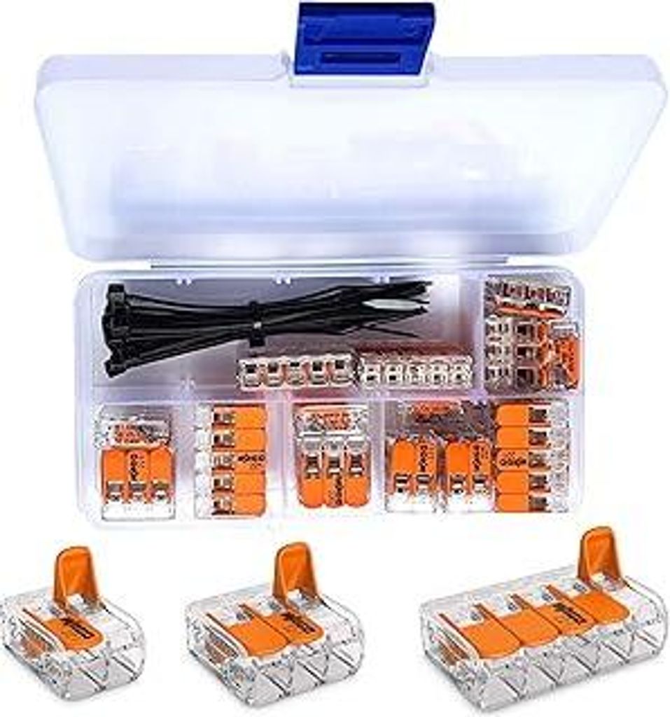 intervisio Sortimentsbox mit WAGO Klemmen 25 Stück Set Sortiment 10x 221-412 | 10x 221-413 | 5x 221-415 und 10 Stück intervisio Kabelbinder 80mm ...