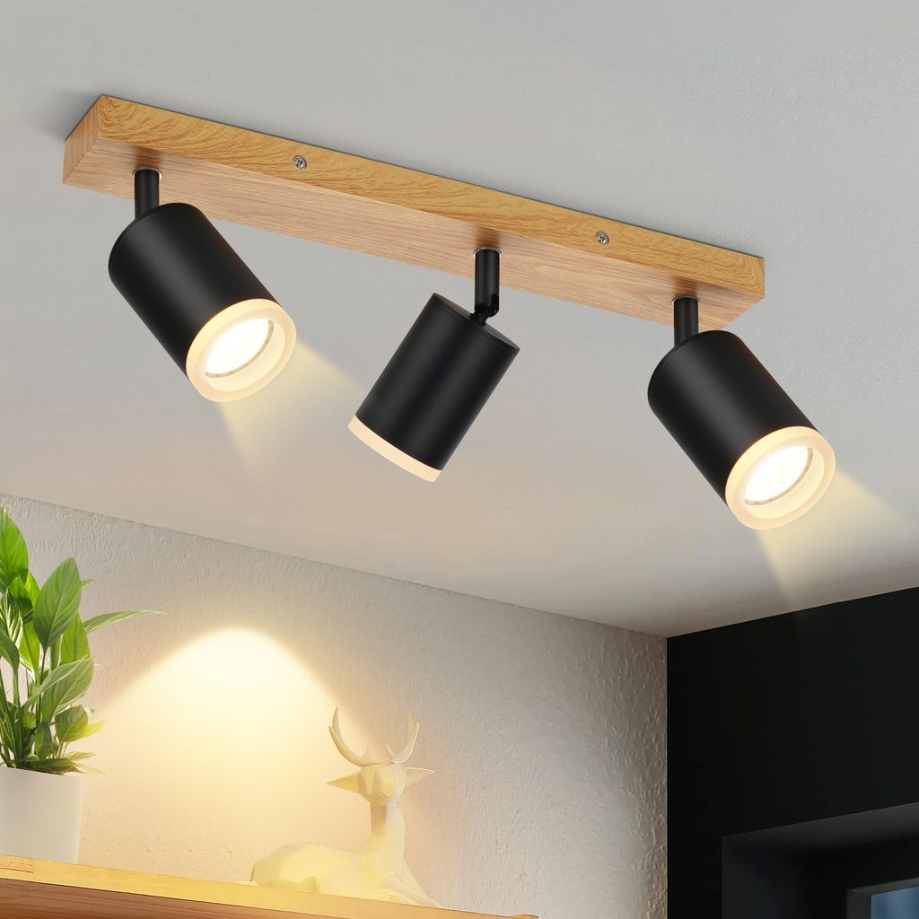 ZMH Deckenstrahler 3 Flammig Schwarz Küchenlampe Holz GU10 Wandstrahler 350°Drehbar Vintage Küche Strahler Industrial Retro Spots Ohne Leuchtmittel