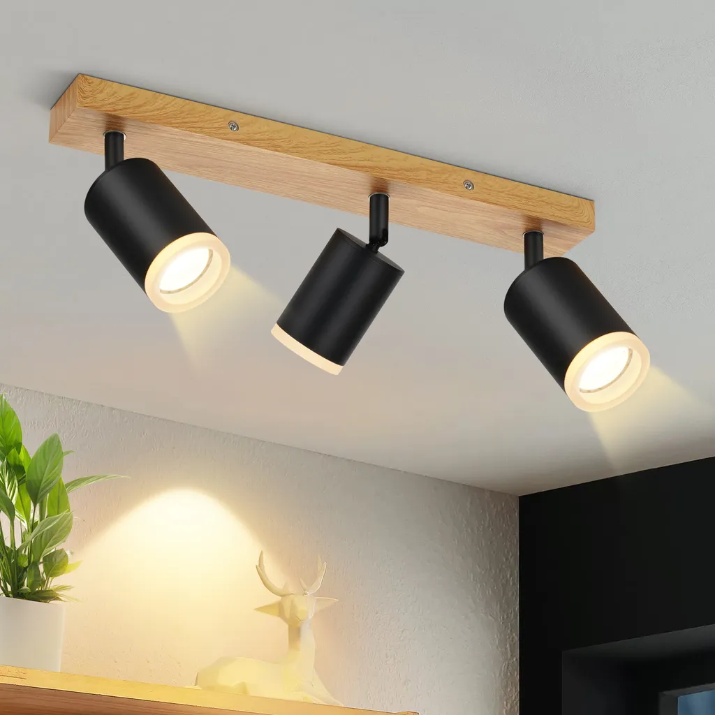 ZMH Plafonnier 3 feux Noir et Bois Lampe de cuisine Vintage GU10
