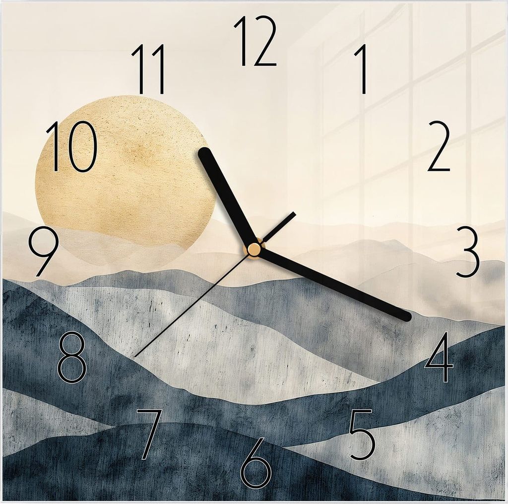 Wanduhr aus Glas mit Motiv Sonnenaufgang Hügel- 30 x 30 cm - inkl. Aufhängesystem