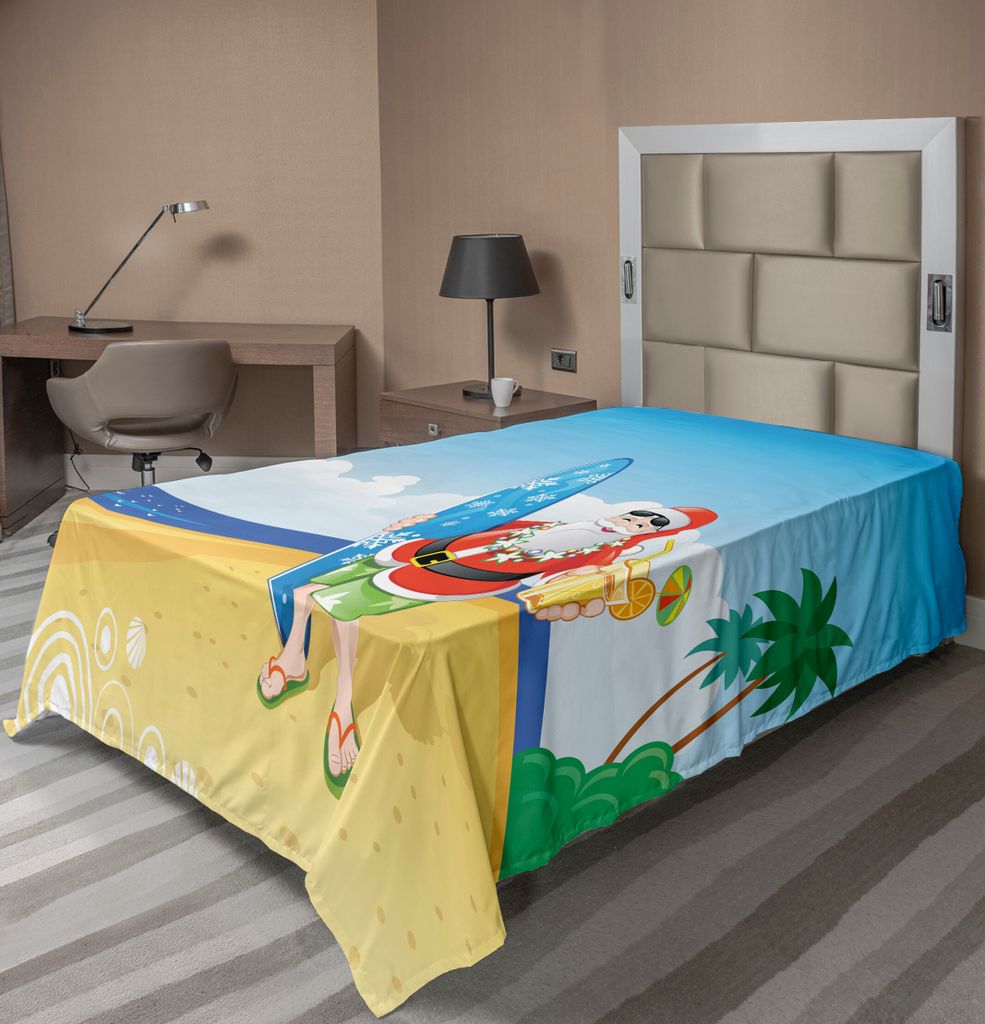 ABAKUHAUS Weihnachten Bettlaken, Santa Claus auf dem Strand mit Surfbrett-Sommerfest-Feier-tropischer Kunst, weiches bequemes oberes Bettlaken für...