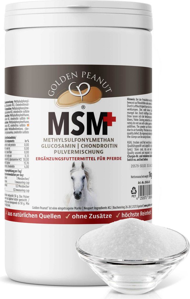 GOLDEN PEANUT MSM+Glucosamin+Chondroitin Pulvermischung 1 kg für Pferde, Ergänzungsfuttermittel mit hoher Bioverfügbarkeit