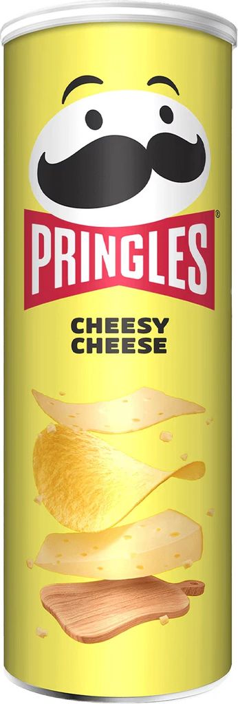 A Pringles Cheesy Cheese potato chip can.