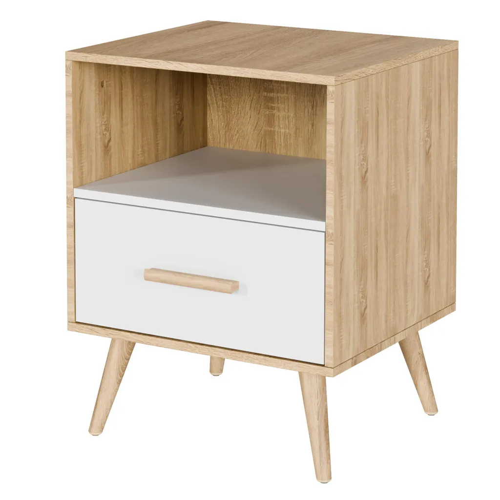 Petite Table d'Appoint Bicolore Chêne et Blanc 1 Tiroir Design Moderne