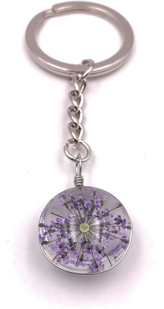 Onwomania Schlüsselanhänger Lila Blumen Blüten im Kreis 3D-Optik silber Anhänger Keychain