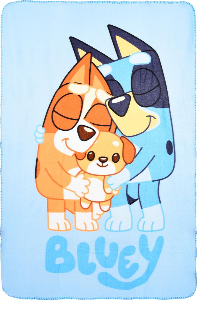 A light blue blanket with a cartoon illustration of two dogs hugging a smaller dog, with the word 'BLUEY' written below.