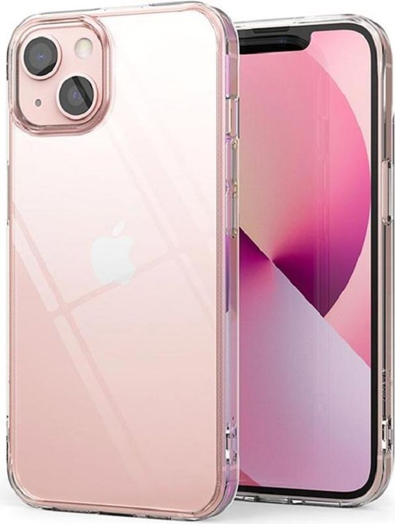 A clear protective case for an Apple iPhone 13 Mini is shown, with the phone inside.