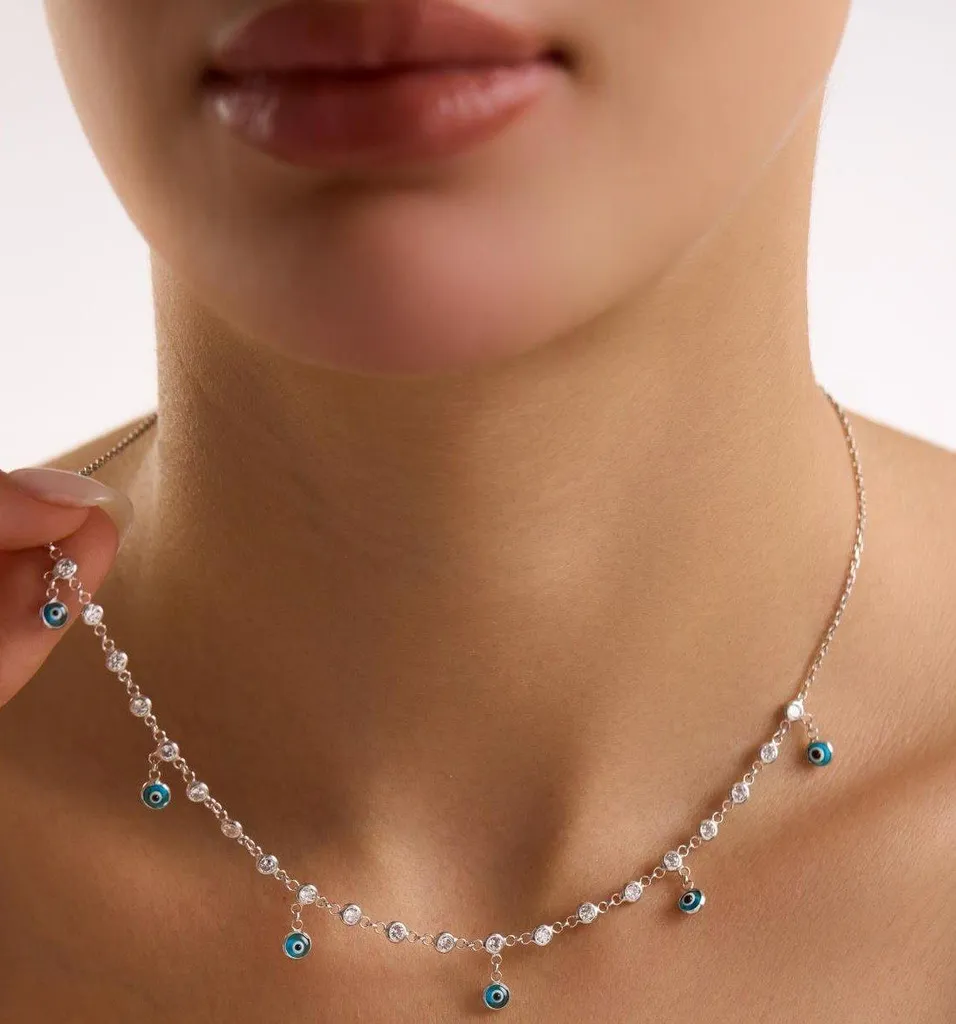 Pendentif Œil de Protection Turquoise sur Chaîne en Argent 925 de 45cm