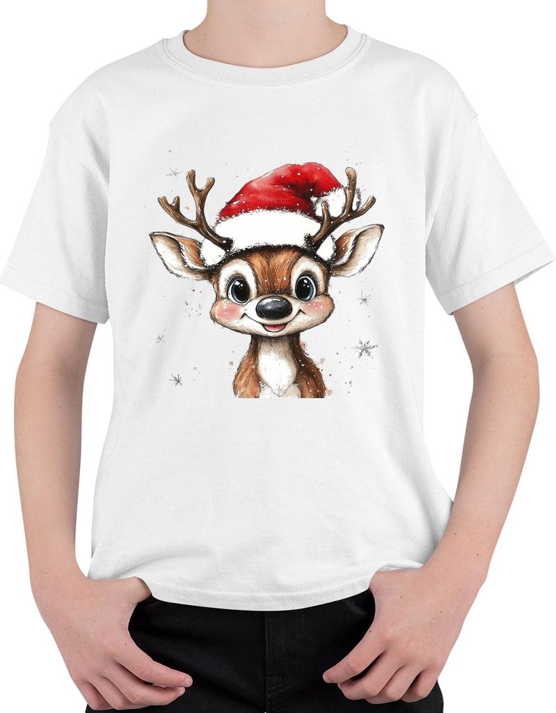 Weihnachtsrentier Niedlich Santa Hut Schneeflocken Aquarell süß Uni Kinder T-Shirt, Weiß, 128