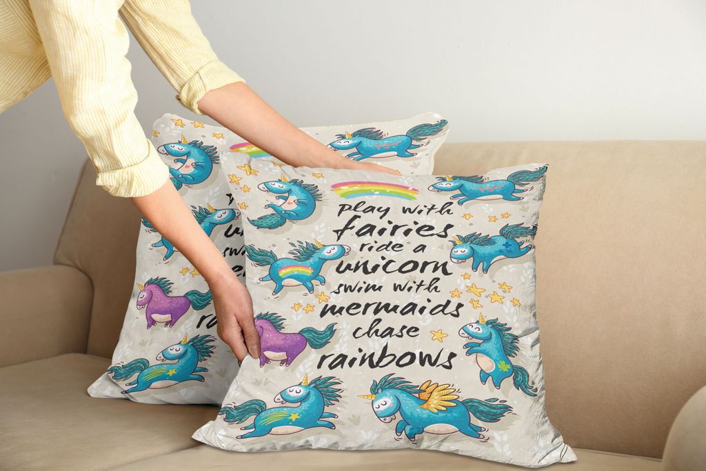 ABAKUHAUS Karikatur Kissenbezug Set (2Stück), Set Einhörner Mit Sternen Und Regenbogen Legendäre Kreatur Kids Thema, 45x45cm, Beige Teal Blau