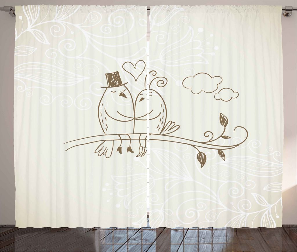 ABAKUHAUS Valentinstag Rustikaler Gardine, Zwei Vögel lieben, Schlafzimmer Kräuselband Vorhang mit Schlaufen und Haken, 280 x 225 cm, Weiß