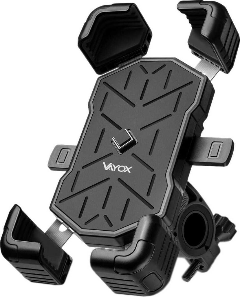 A black bicycle or motorcycle phone holder is shown against a white background.