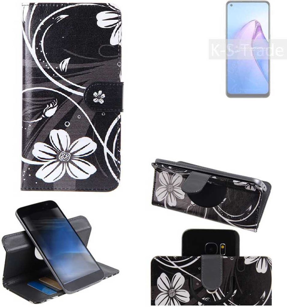 K-S-Trade Schutzhülle Handyhülle kompatibel mit Oppo Reno8 4G Hülle 360° Wallet Case ''Flowers'' Klapphülle Hülle schwarz-weiß 1x