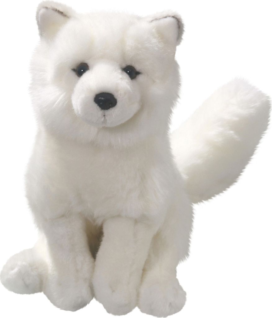 A white plush toy fox sitting on a white background.