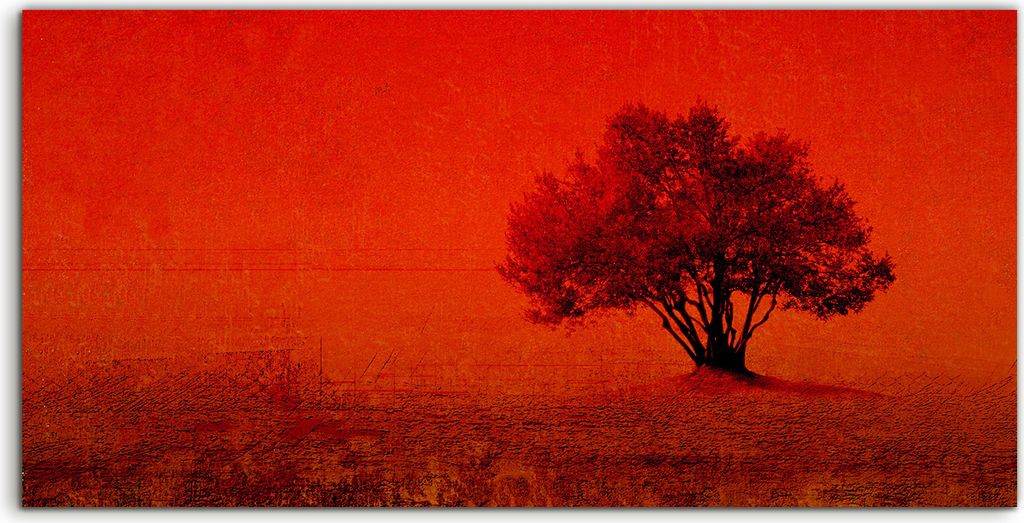 Coloray Glasbild 140x70 Wandbild Glasbilder Kunst Roter Hintergrund mit Olivenbaum