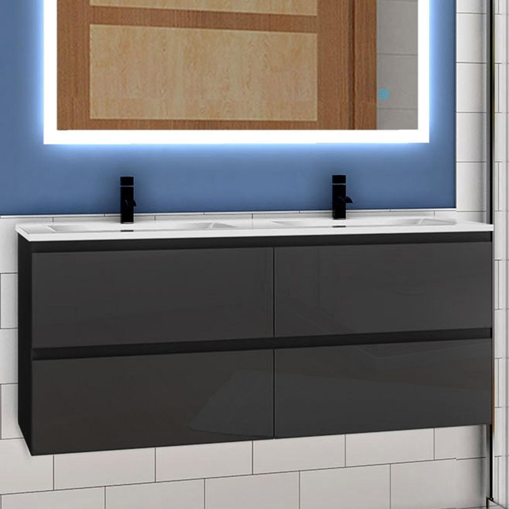 Waschtisch mit Unterschrank 120cm Alast Badmöbel Set Hochglanz Schwarz Keramik Waschbecken mit Unterschrank MDF Softclose