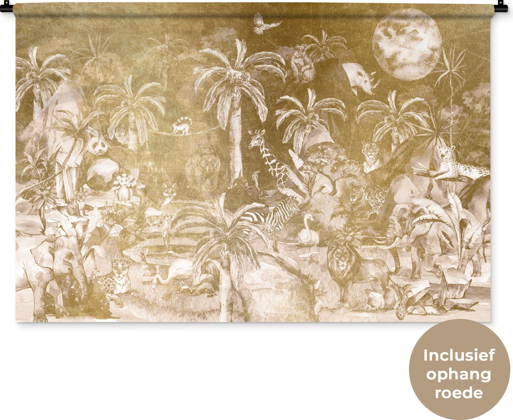 MuchoWow Wandteppich Wandbehang Dschungel - Gold - Kinder - Pflanzen - Tiere 120x80 cm Tapisserie Dekoration Wandtuch - Wanddekorationen - Wandt...