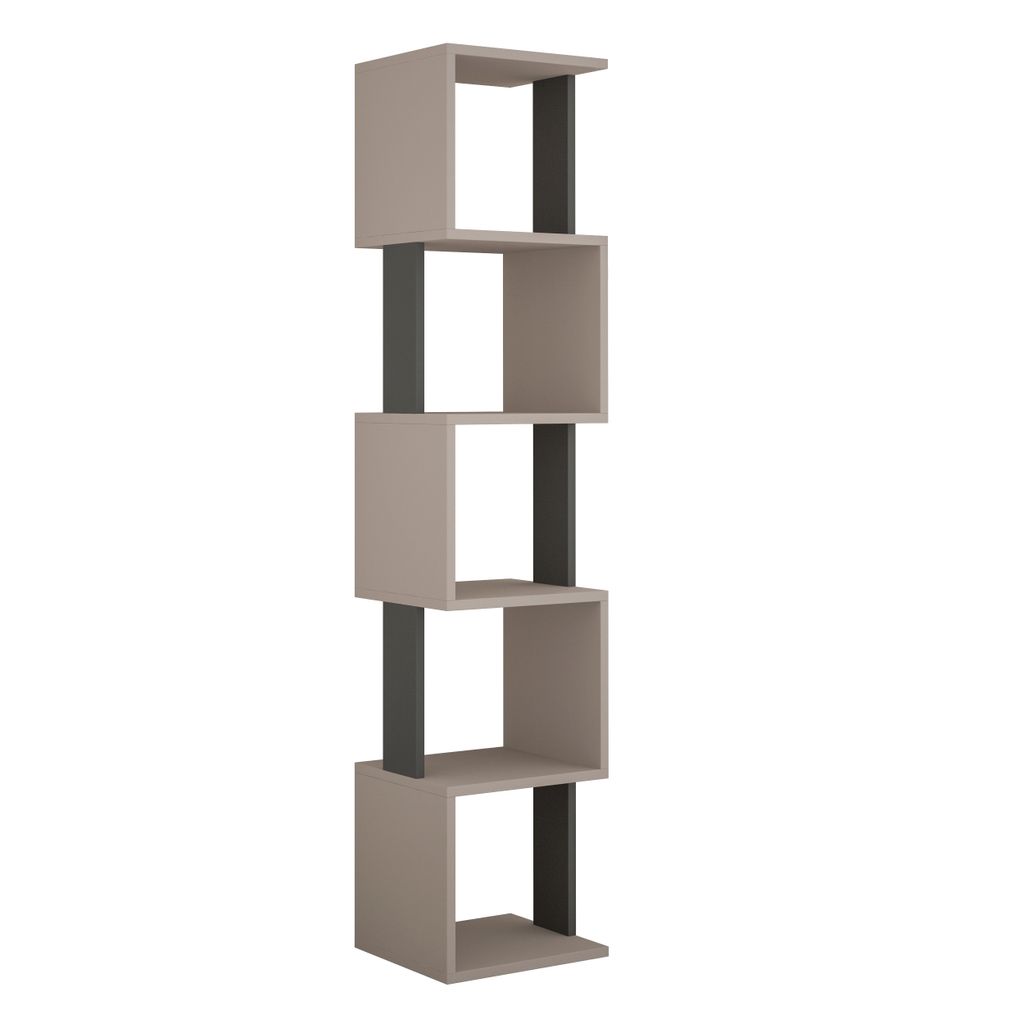 A tall, narrow bookshelf with staggered cubbies.