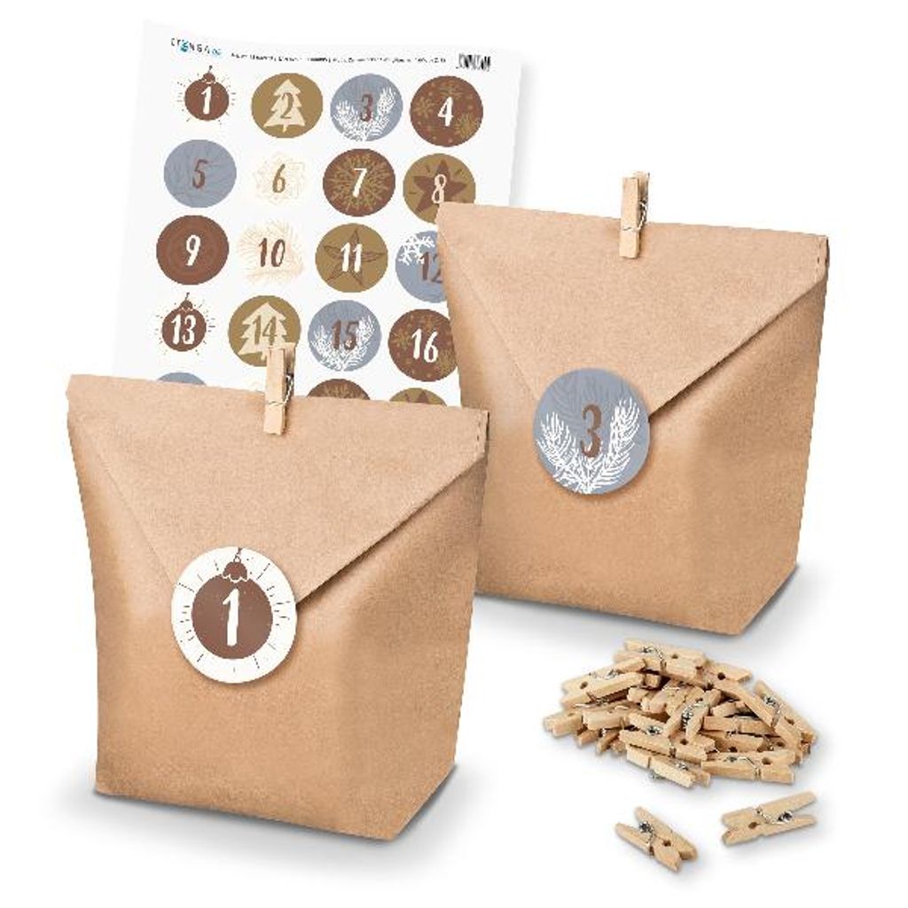 Adventskalender Set 15 Geschenktüten + Klammern + Sticker