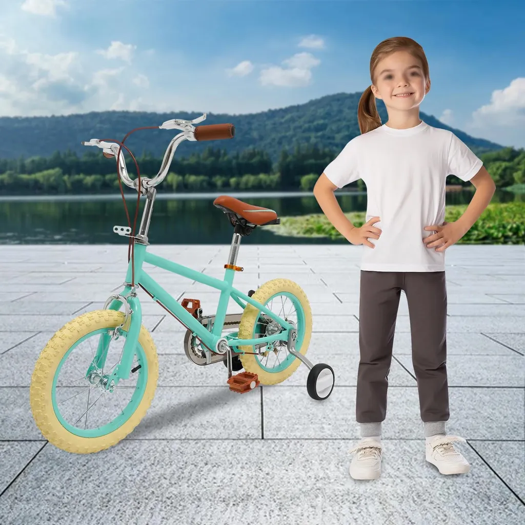 Vélo enfant 14 pouces vert avec petites roues et selle réglable - Modèle L14