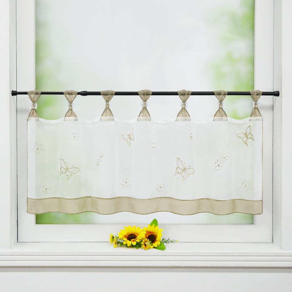Joyswahl Scheibengardinen Bistrogardine mit Schlaufen modern Küche Kurzgardinen mit Schmetterling-Stickerei Transparent Weiß Sand HxB 45x90 cm