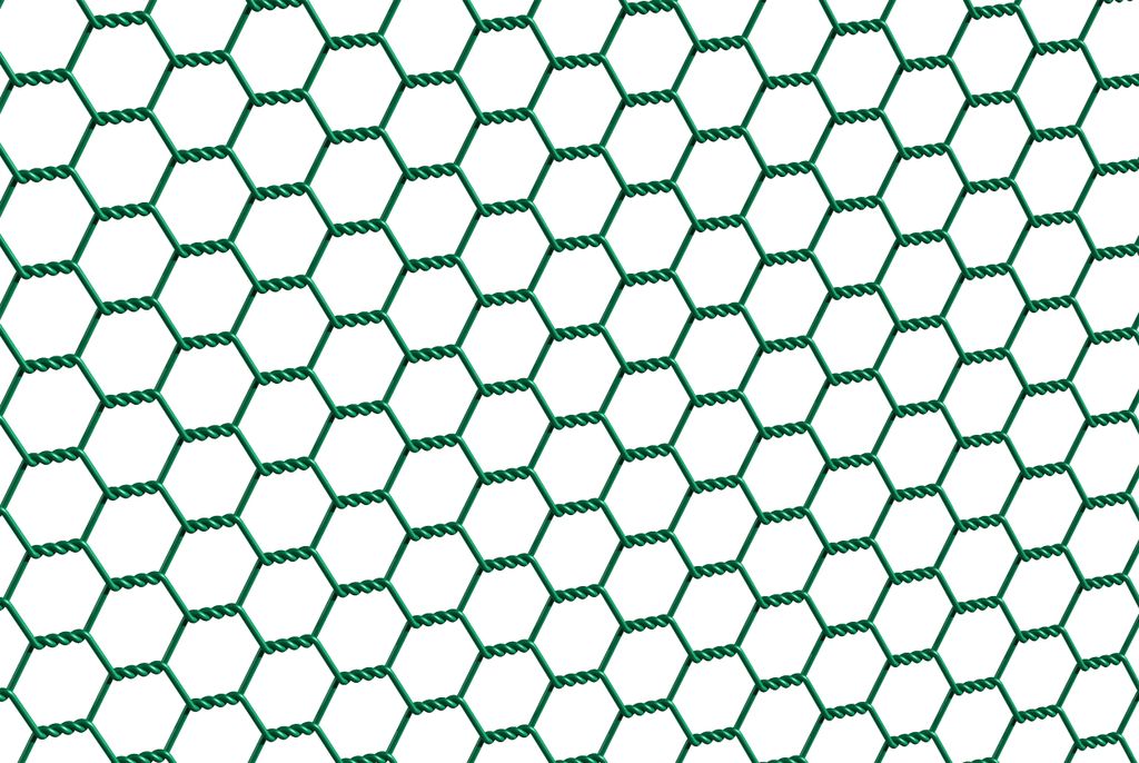 A close-up, repeating pattern of green hexagonal wire mesh against a white background.