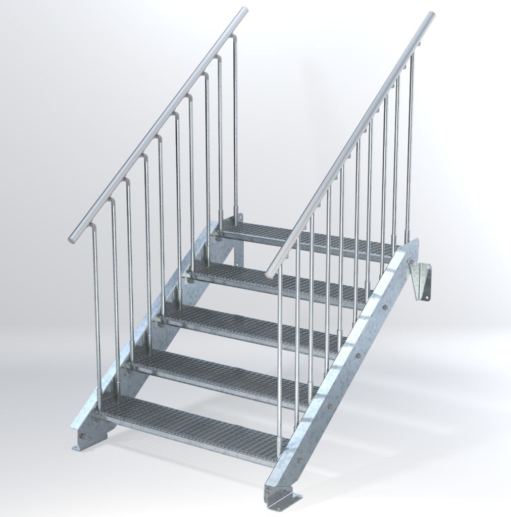 Stahltreppe 5 Stufen bis Höhe 100 cm, Laufbreite : 110 cm beidseitiges Geländer ST 3 (31 / 9 mm schmal)