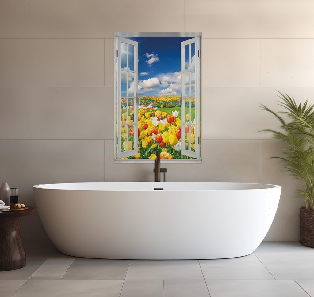 Wallario wasserfestes Poster selbstklebend 91,50 x 61 cm, Tulpenwiese unter blauem Himmel, Badezimmerposter Spritzschutz mit Hochglanzoberfläche i...