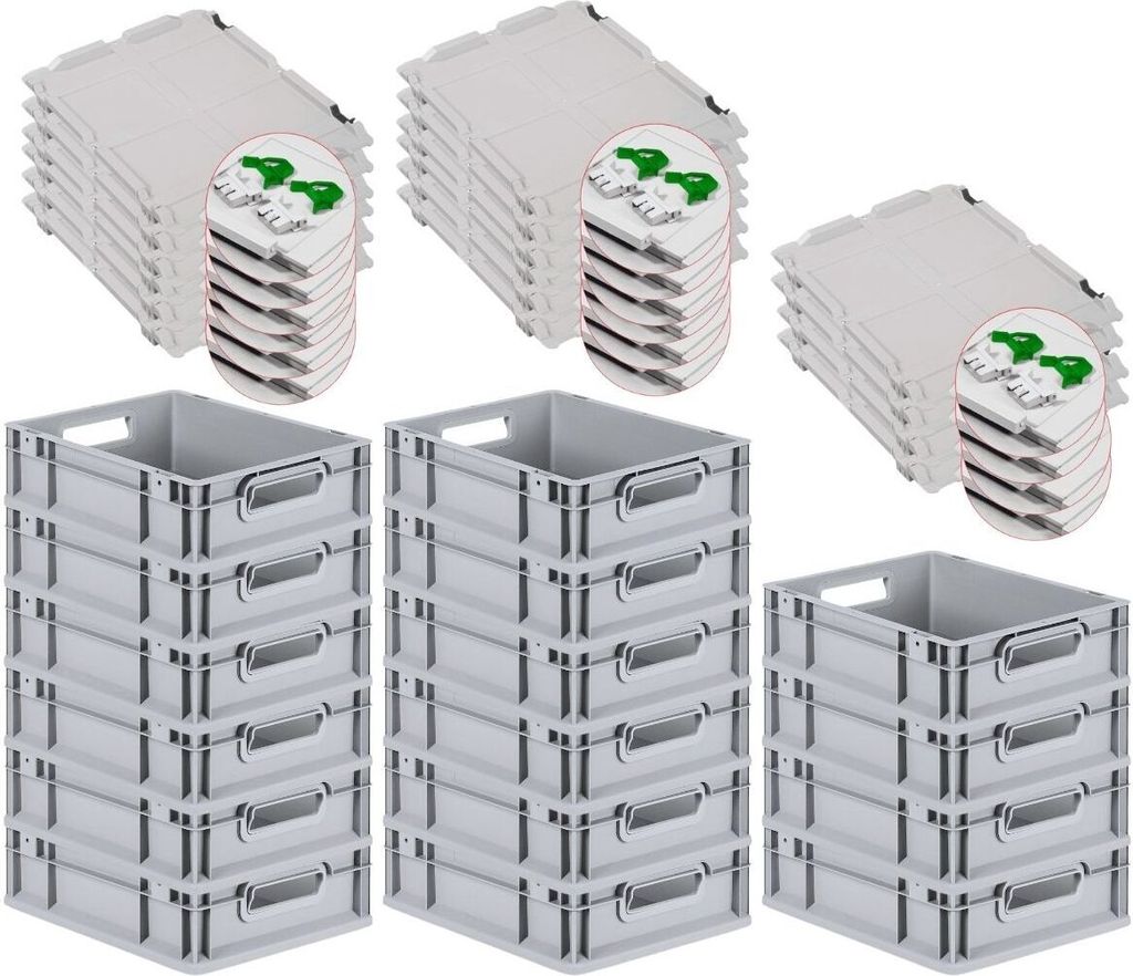 SuperSparSet 16x Eurobox NextGen Grip mit Scharnierdeckel und grünen Schiebeschnappverschlüssen | HxBxT 12x30x40cm | 11 Liter | Griffe offen | Gl...