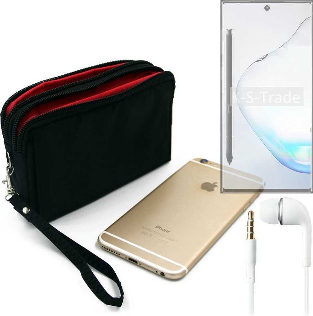 TOP SET kompatibel mit Samsung Galaxy Note 10 Handy Hülle Gürteltasche schwarz + Kopfhörer Travel Bag Travel-Case mit Diebstahlschutz praktische