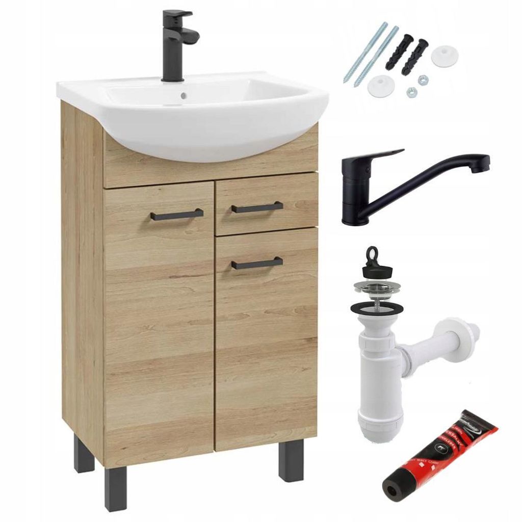 Stamar | Badezimmerschrank, mit Waschbecken, Buche Trüffel, mit Armatur, 50 cm